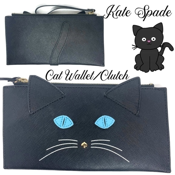 Kate Spade Cat Black Blue Eyed Wallet Clutch EUC - Picture 1 of 2
